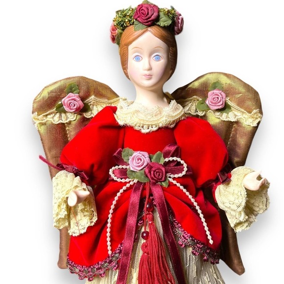 VTG Kurt Adler Angel Tree Topper Large Ornament 1990 Victorian Lace Red Ivory - Picture 2 of 14